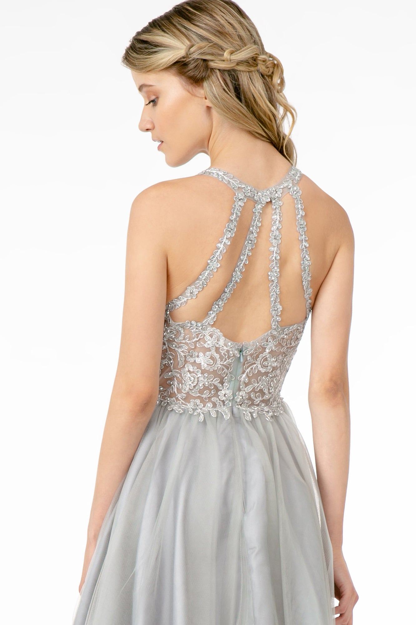 Jewel Embellished Embroidery Tulle Short Dress w/ Strap Back