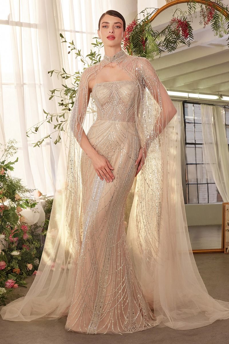 Champagne Art Deco Beaded Gown & Cape