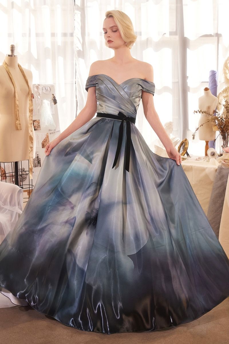 Print Off The Shoulder Satin Ball Gown