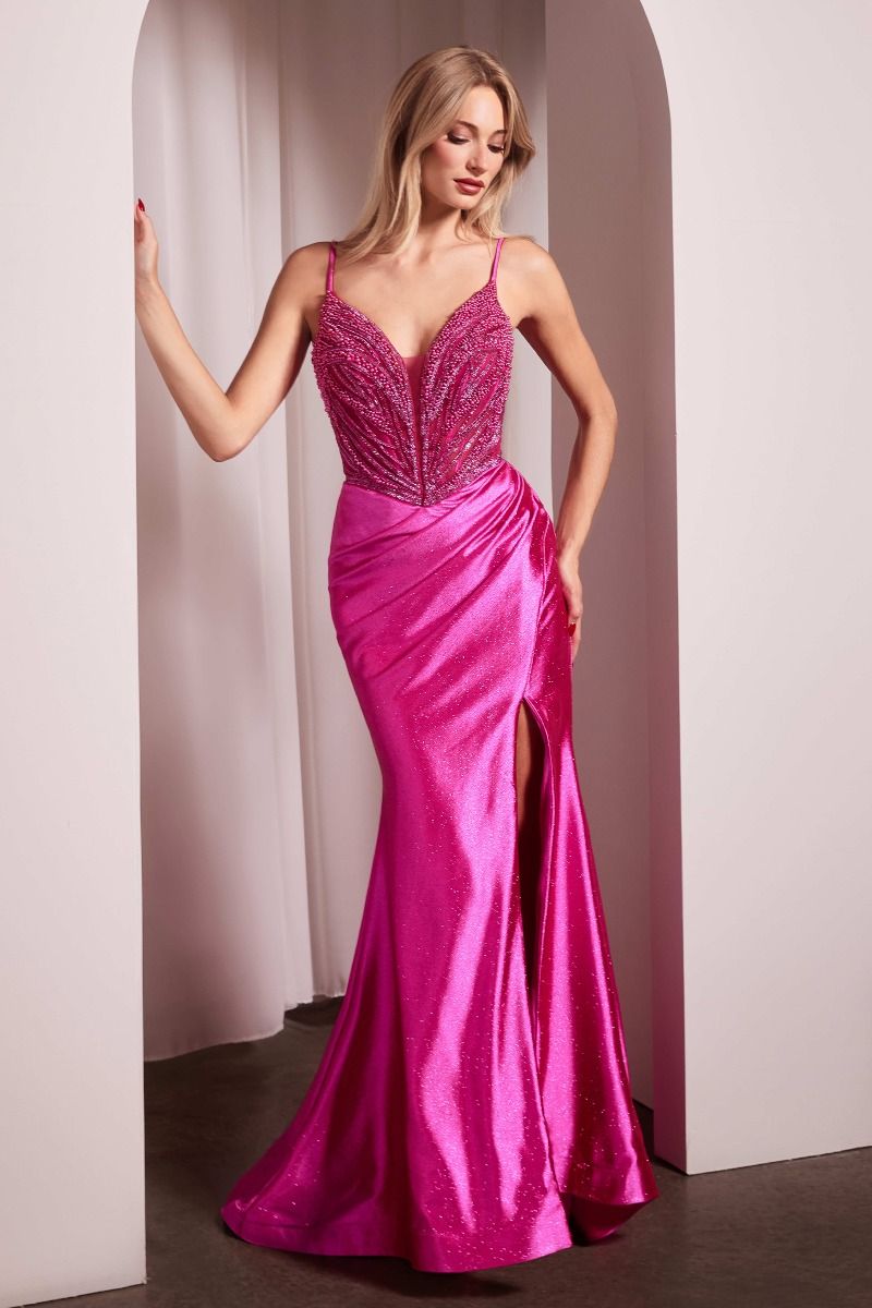 Pearl Embellished Stretch Satin Glimmering Gown