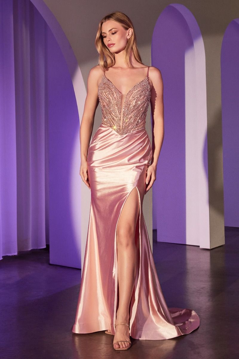 Pearl Embellished Stretch Satin Glimmering Gown