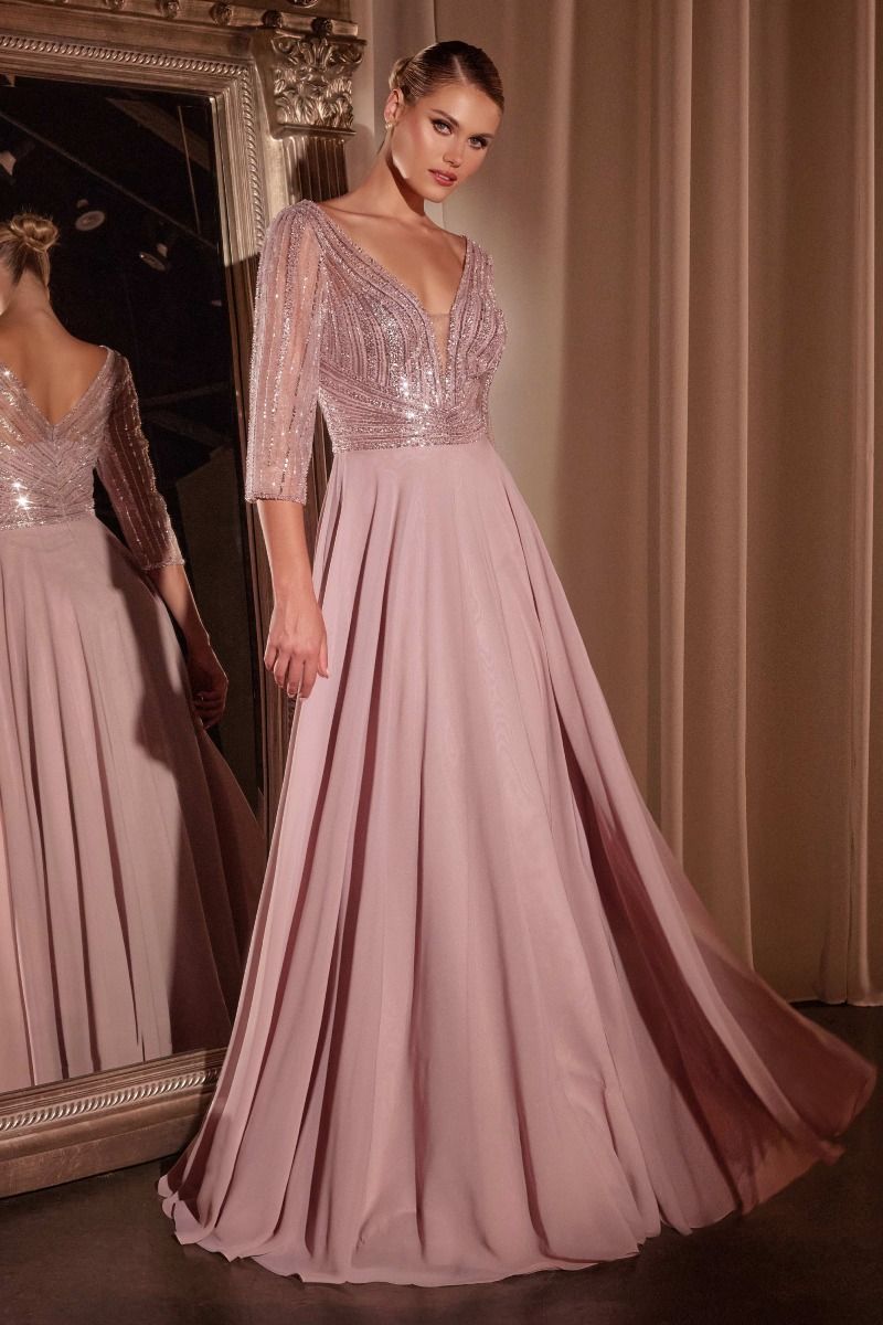 Three Quarter Sleeve Beaded Chiffon Dress