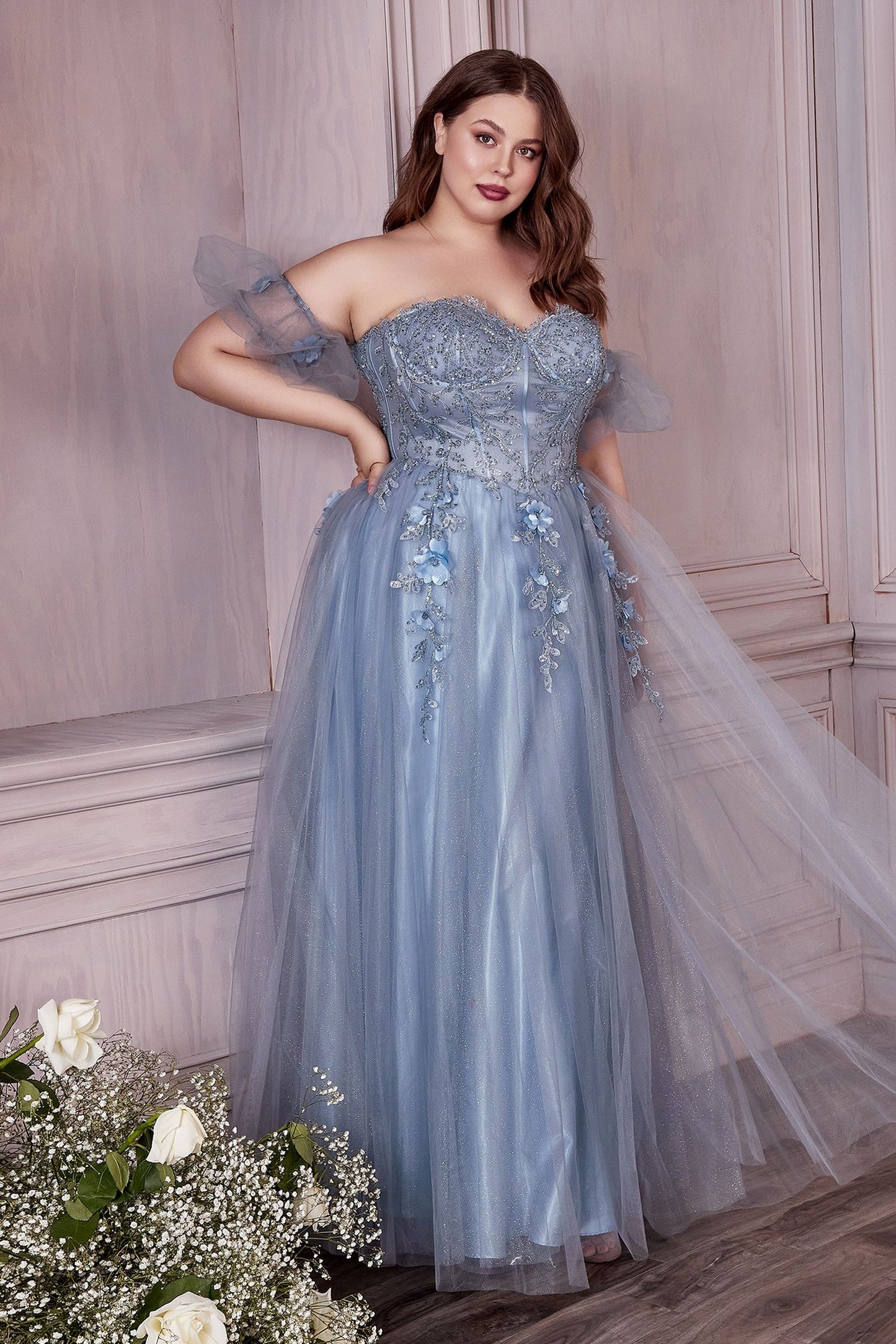 Strapless A-Line Gown And Puff Sleeves