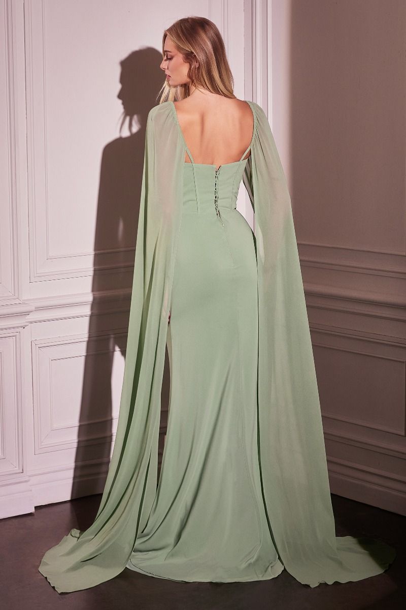 Chiffon Fitted Dress With Long Cape Sleeves