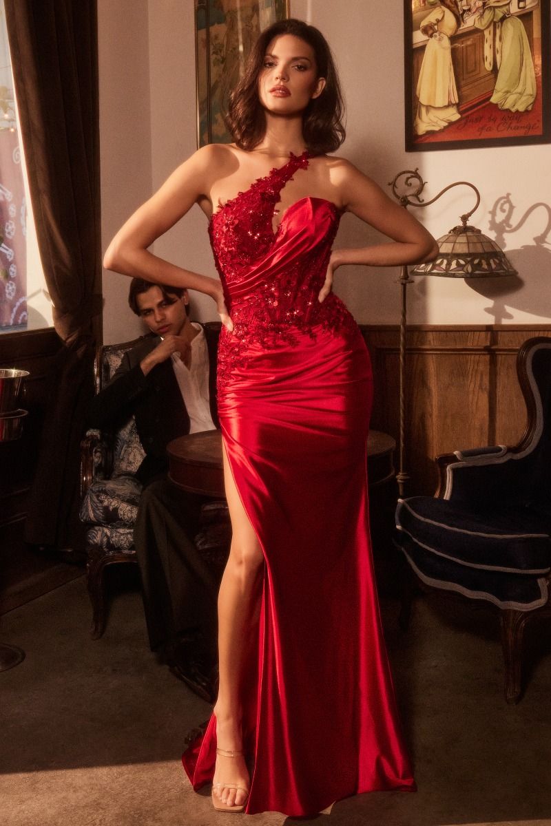 One Shoulder Satin Dress With Lace Applique