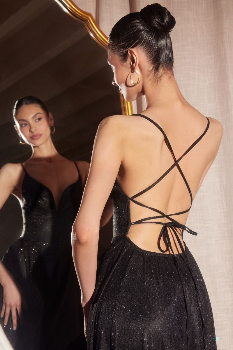 A-line dress with deep V-neck and spaghetti straps