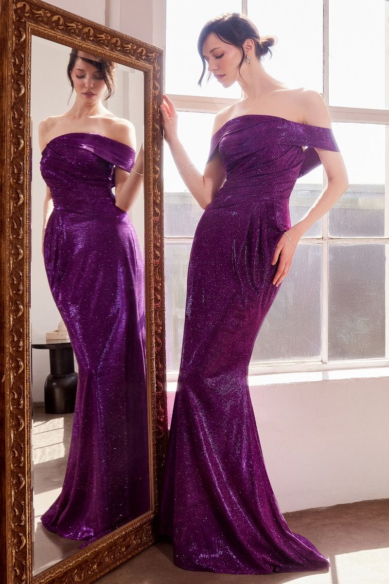 Straight Neckline Off-The-Shoulder Shiny Bodycon Dress