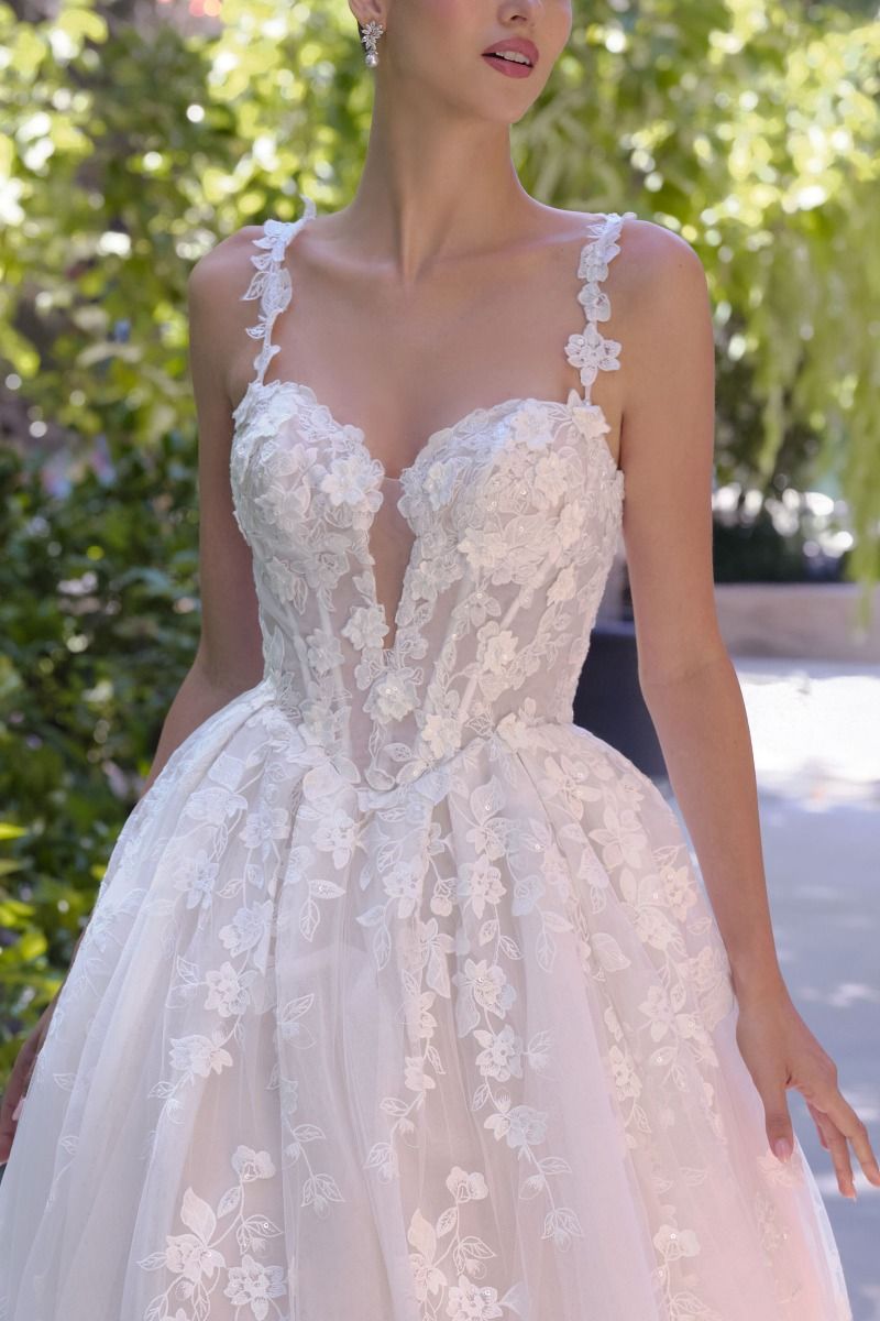 Ball Gown Wedding Dress Illusion Neckline, Delicate Floral Appliqué Straps, And A Corset Bodice With Dimensional Lace.