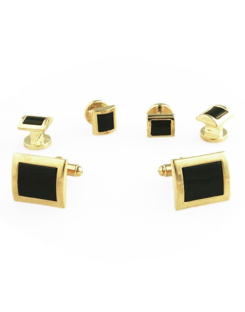 Black Square Convex Onyx with Gold Edge Studs and Cufflinks