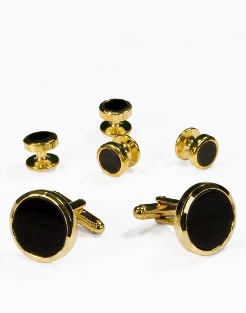 Black Circular Onyx with Silver Facet Cut Edge Studs and Cufflinks Set