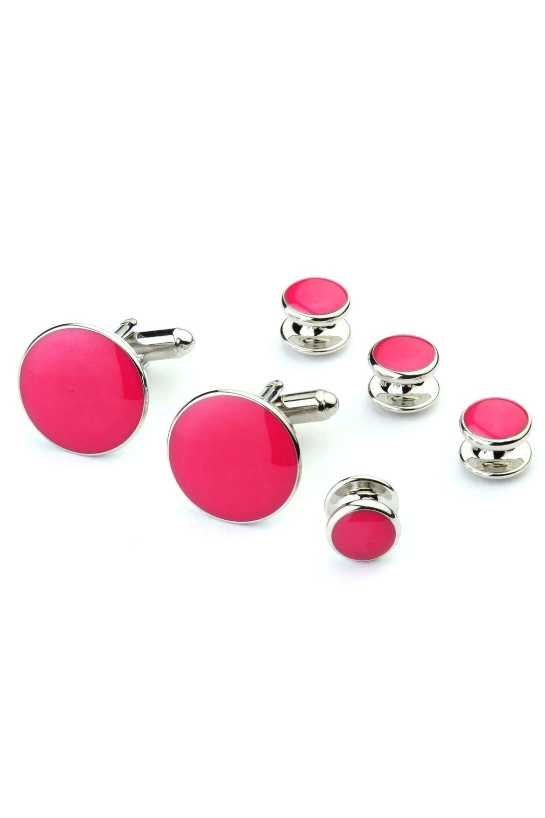 Silver Trim Studs and Cufflinks Set - Pink - Set Botones y