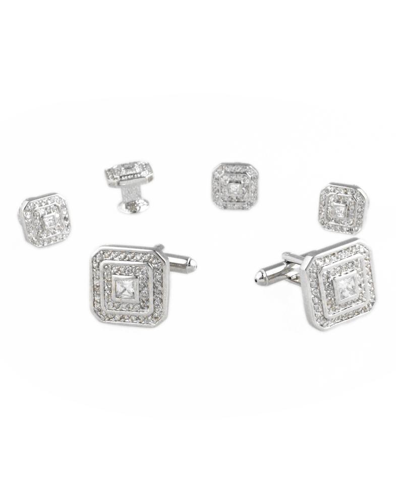Square CZ with Silver Trim Studs and Cufflinks Set - Set