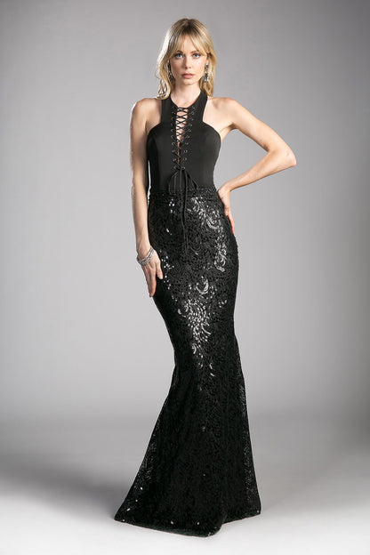 Fitted Sequin Gown with Halter Neckline