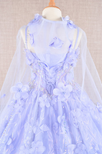 3D Flower Applique Jewel Mesh Kids Dress with Long Mesh Cloak