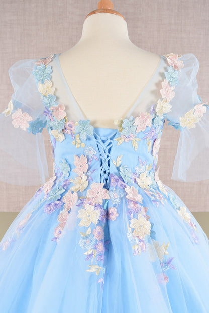3D Floral Applique Mesh Kids Dress with Long Back Hem