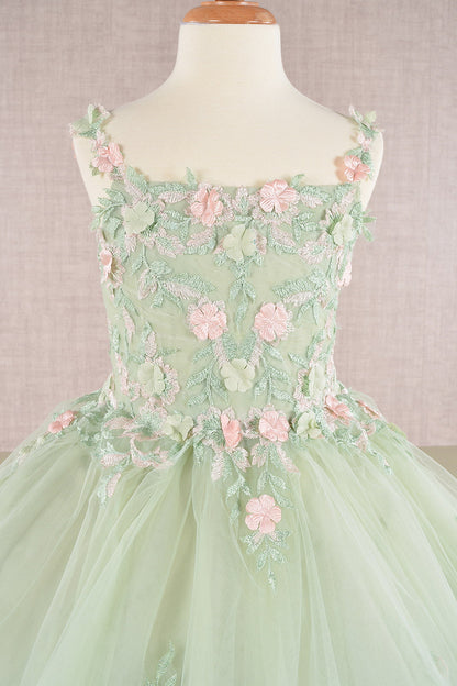 GK109 Floral Embroidery Embellished Ruched Bodice Mesh Kids Dress with Lace-up Back