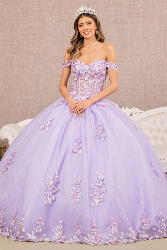 ثوب Quinceanera شبكي مزين بالزهور ثلاثي الأبعاد مع ذيل طويل