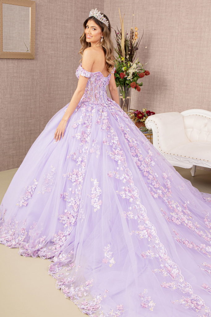 ثوب Quinceanera شبكي مزين بالزهور ثلاثي الأبعاد مع ذيل طويل