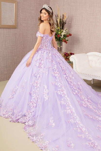 ثوب Quinceanera شبكي مزين بالزهور ثلاثي الأبعاد مع ذيل طويل