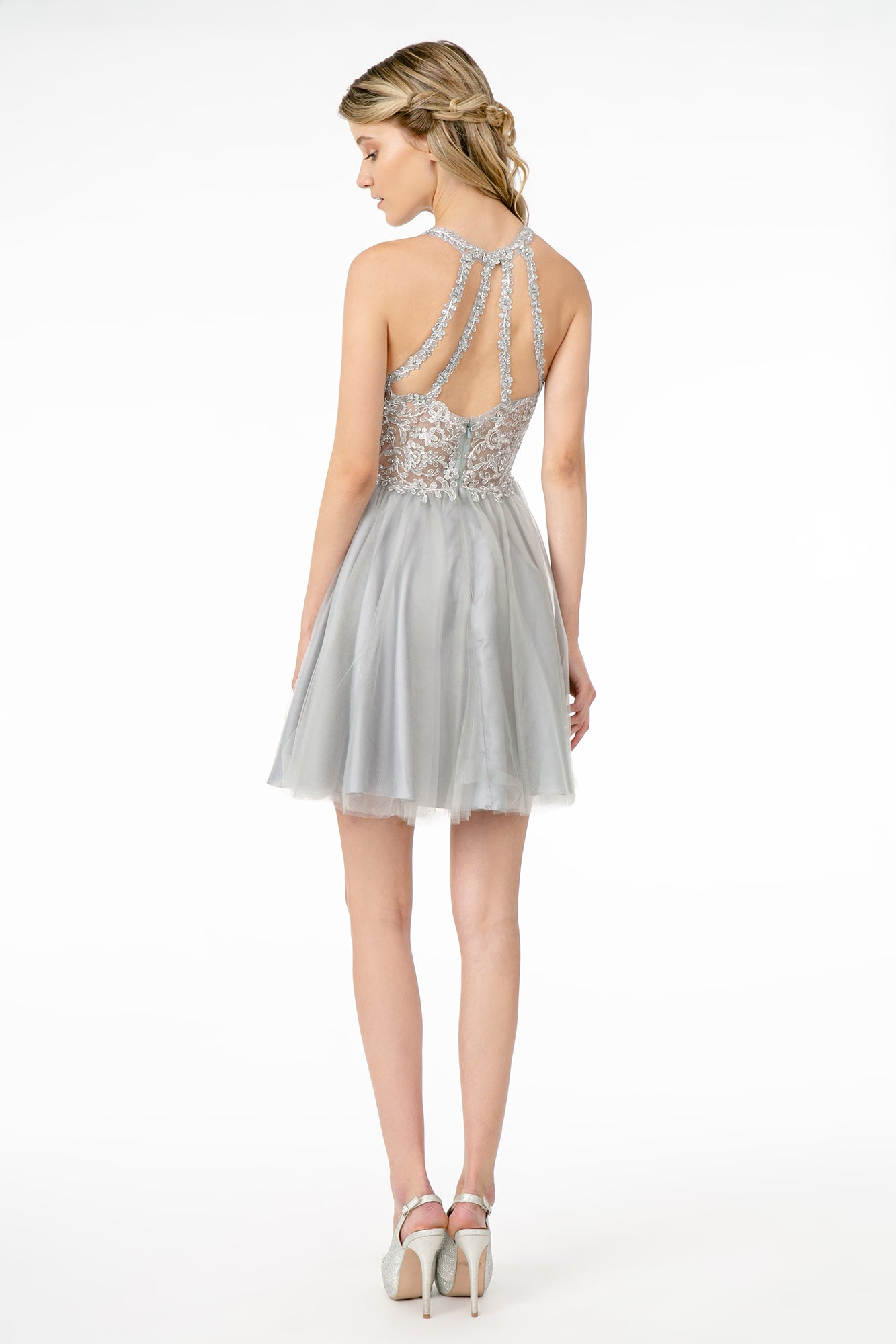 Jewel Embellished Embroidery Tulle Short Dress w/ Strap Back