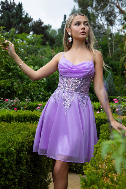 Sheer Bodice Glitter Print Embellished Spaghetti Strap Homecoming Dress