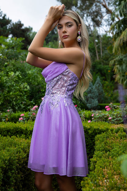 Sheer Bodice Glitter Print Embellished Spaghetti Strap Homecoming Dress