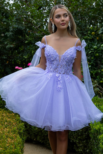3D Flower and Embroidery Embellished Glitter Mesh Homecoming Dress w/ Lace-Up Back
