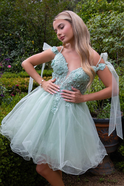 3D Flower and Embroidery Embellished Glitter Mesh Homecoming Dress w/ Lace-Up Back