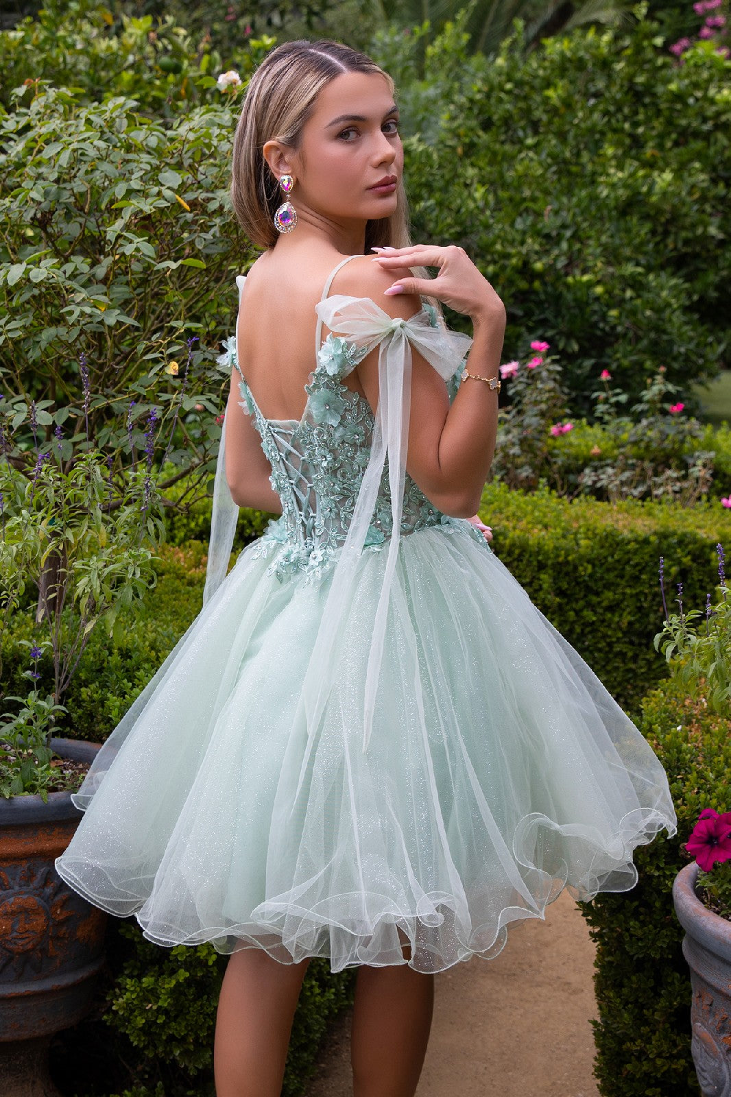 3D Flower and Embroidery Embellished Glitter Mesh Homecoming Dress w/ Lace-Up Back