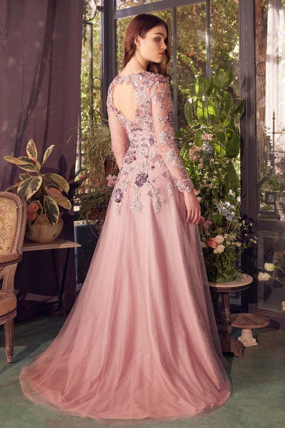 Mauve Long Sleeve Sequin Embellished A-Line Dress
