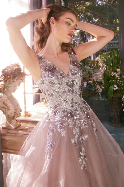 Sequin Bouquet V-Neck Gown