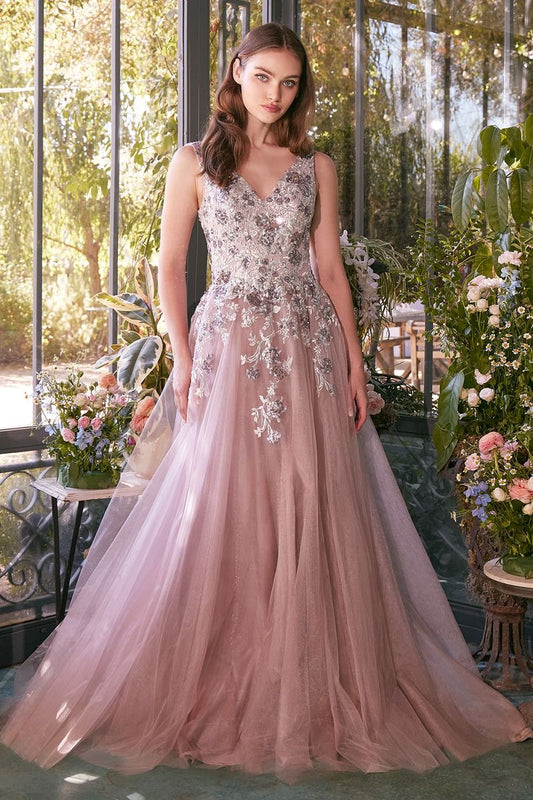 Sequin Bouquet V-Neck Gown