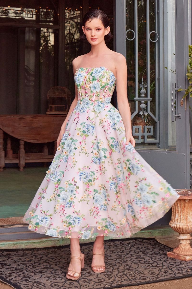 Floral Print Strapless Tea Length A-Line Dress