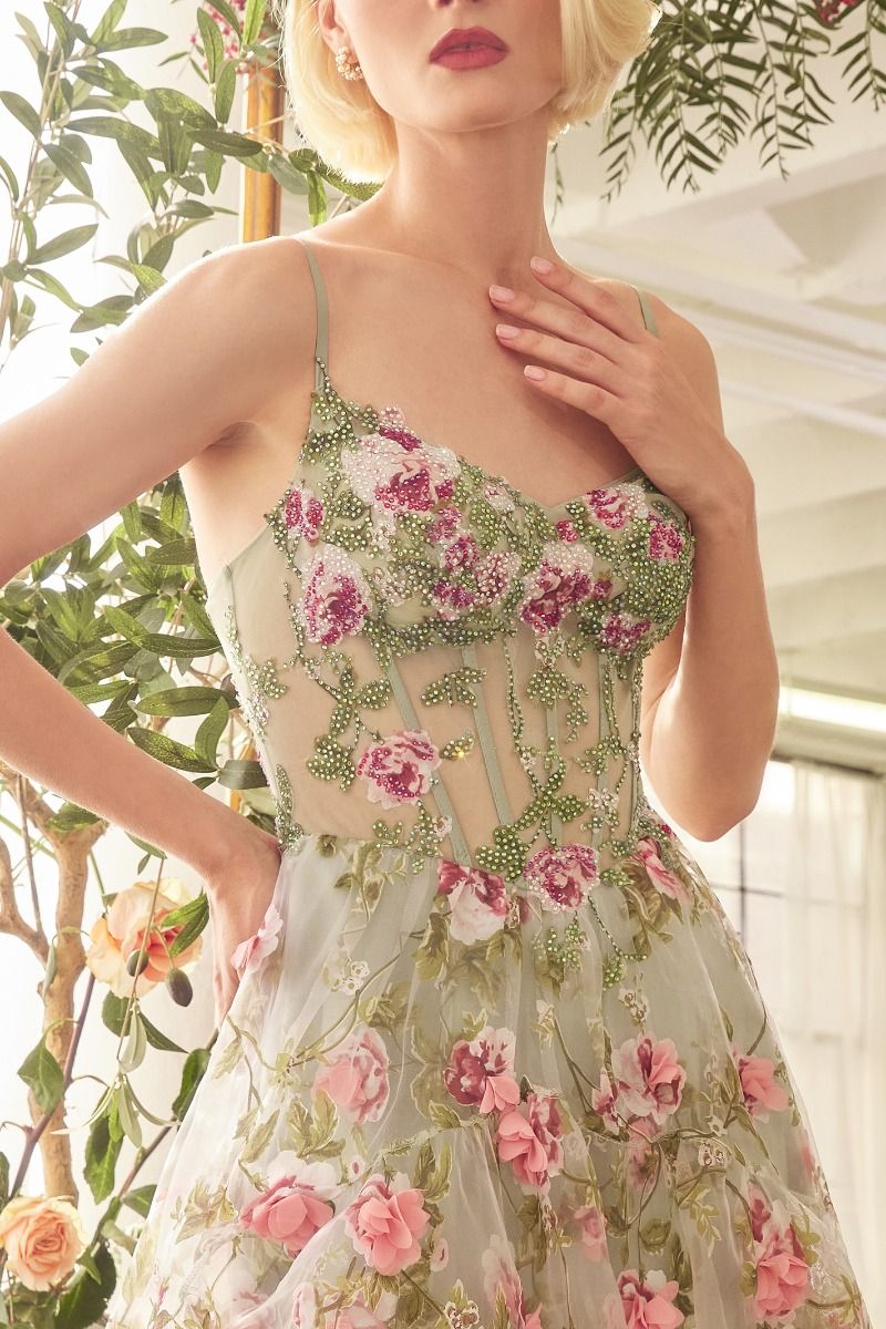 Sage Floral Print Layered A-Line Dress