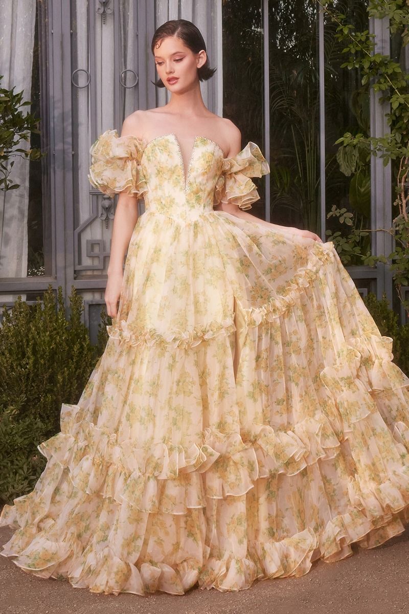 Strapless Floral Printed Ball Gown
