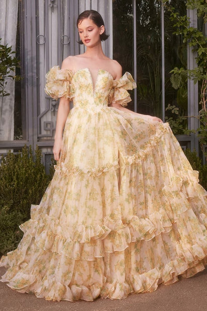 Strapless Floral Printed Ball Gown