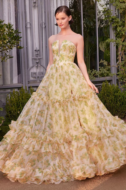 Strapless Floral Printed Ball Gown