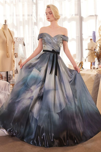Print Off The Shoulder Satin Ball Gown