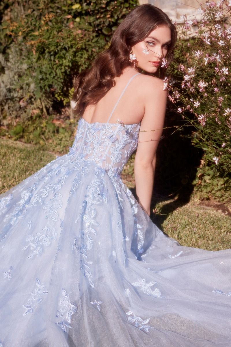 Light Blue Leaf Motif Appliqued A-Line Dress