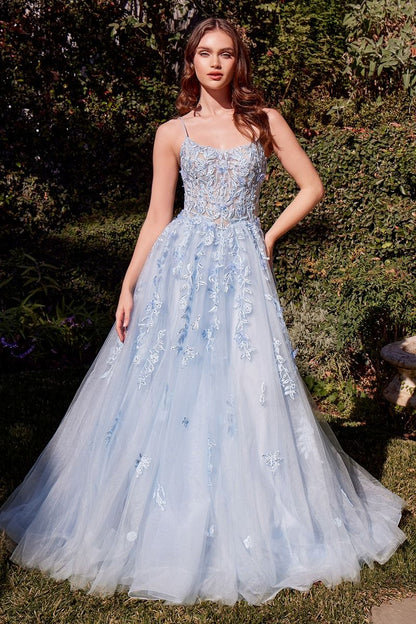 Light Blue Leaf Motif Appliqued A-Line Dress