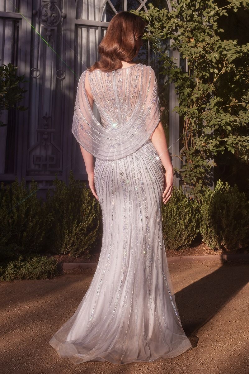 Shoulder Drape Crystal Beaded Gown
