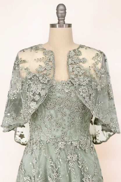 Floral Lace Gown With A Cape