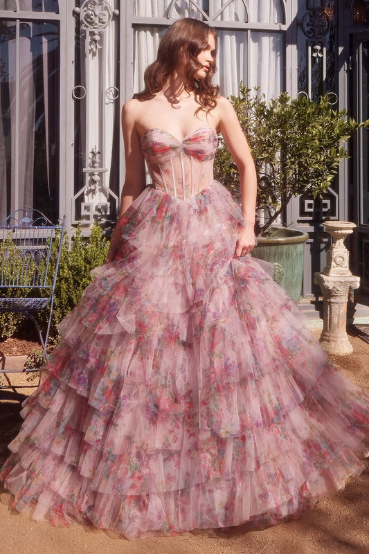 Print Ruffle Corset Gown
