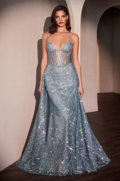 Glitter Printed Fitted Dress With Overskirt