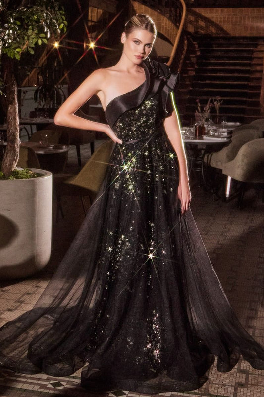 One Shoulder Black Ball Gown