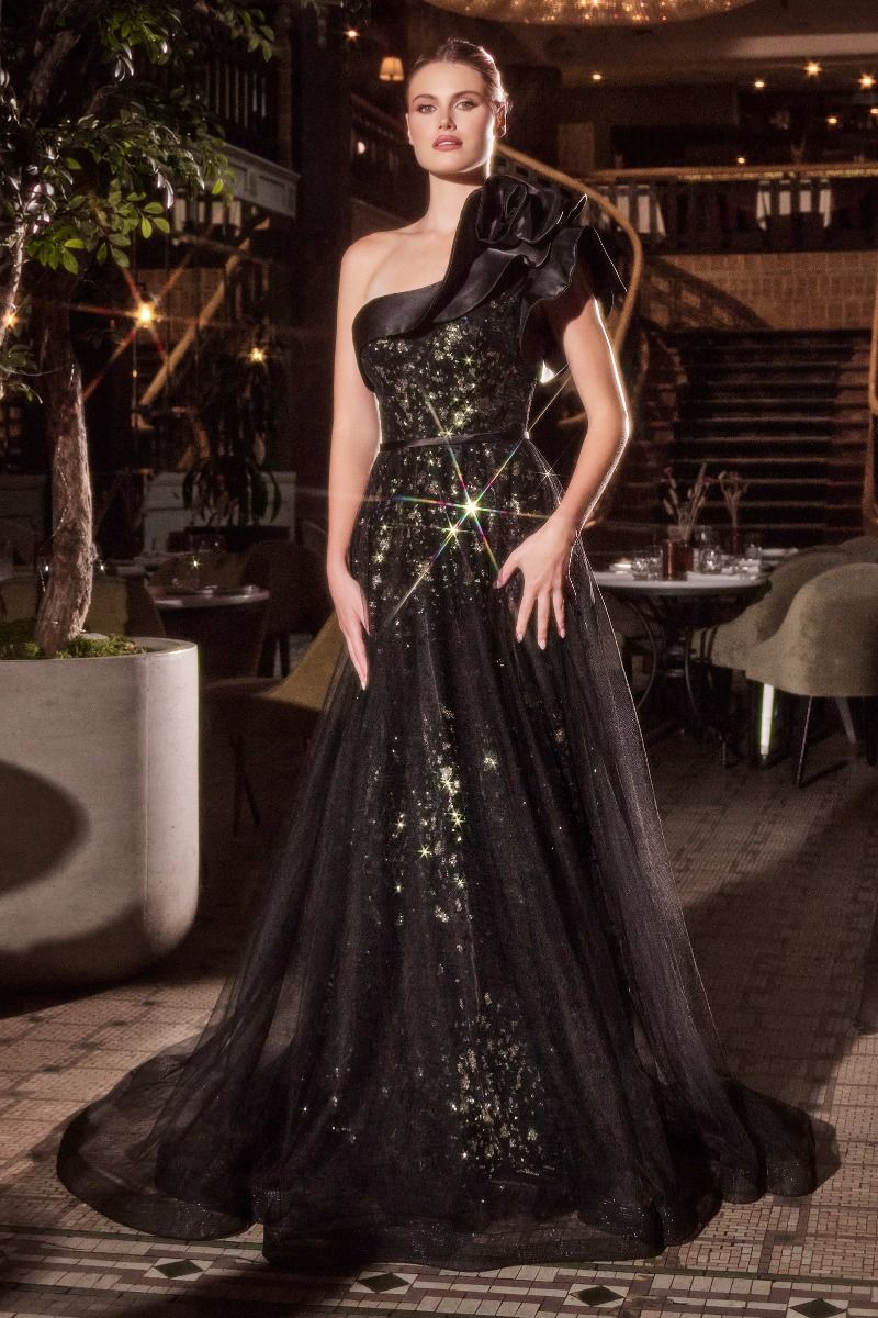 One Shoulder Black Ball Gown
