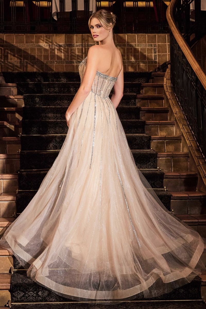 Strapless Crystal Embellished Gown With Overskirt