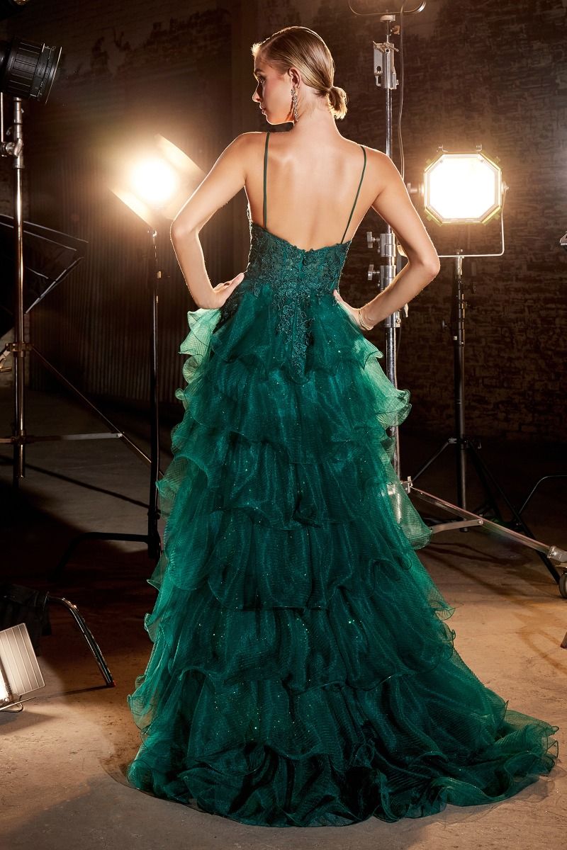 Tiered Emerald Ball Gown with Lace Details