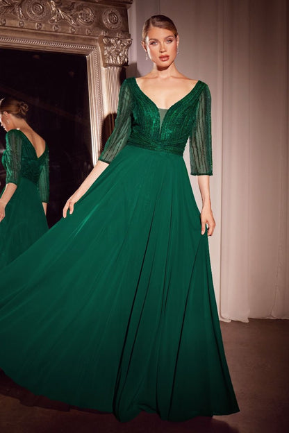 Three Quarter Sleeve Beaded Chiffon Dress