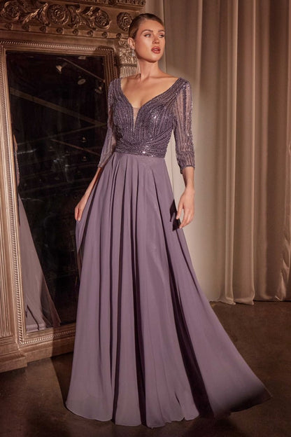 Three Quarter Sleeve Beaded Chiffon Dress